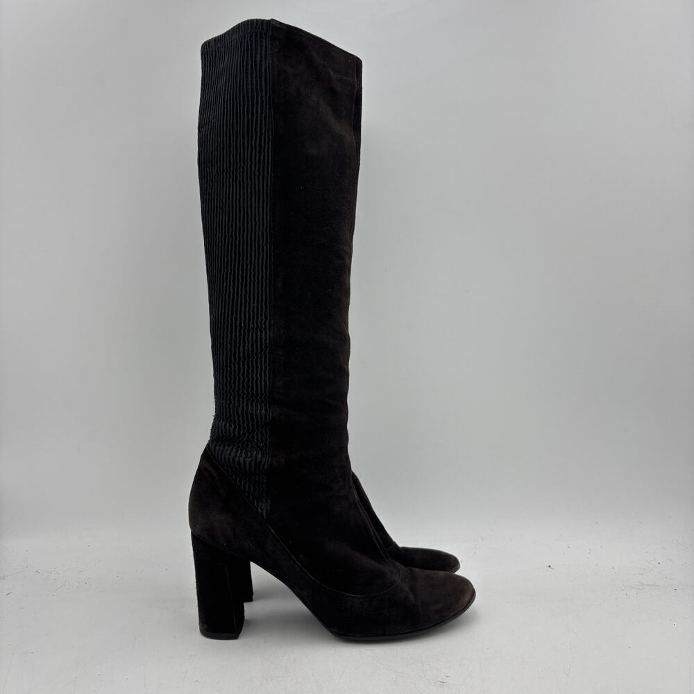 Chloe Brown Suede Pleated Knee High Heeled Boots Women's 38